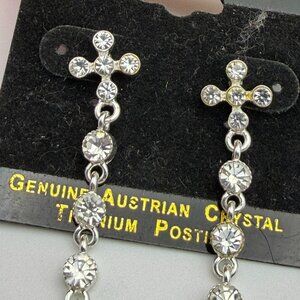 Clear Genuine Austrian Crystal Silver Plate Cross Drop Earrings 2' Titanium Post